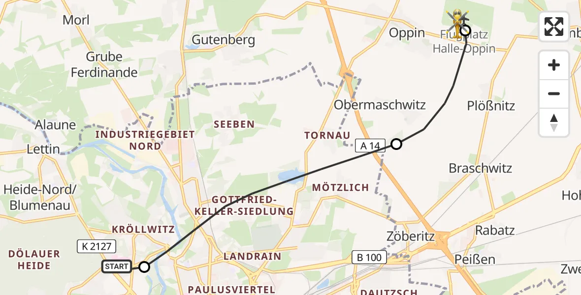 Flugroute Rettungshubschrauber Halle (Saale) University Hospital - Halle-Oppin Flugplatz, 03 August 2026, 10:40