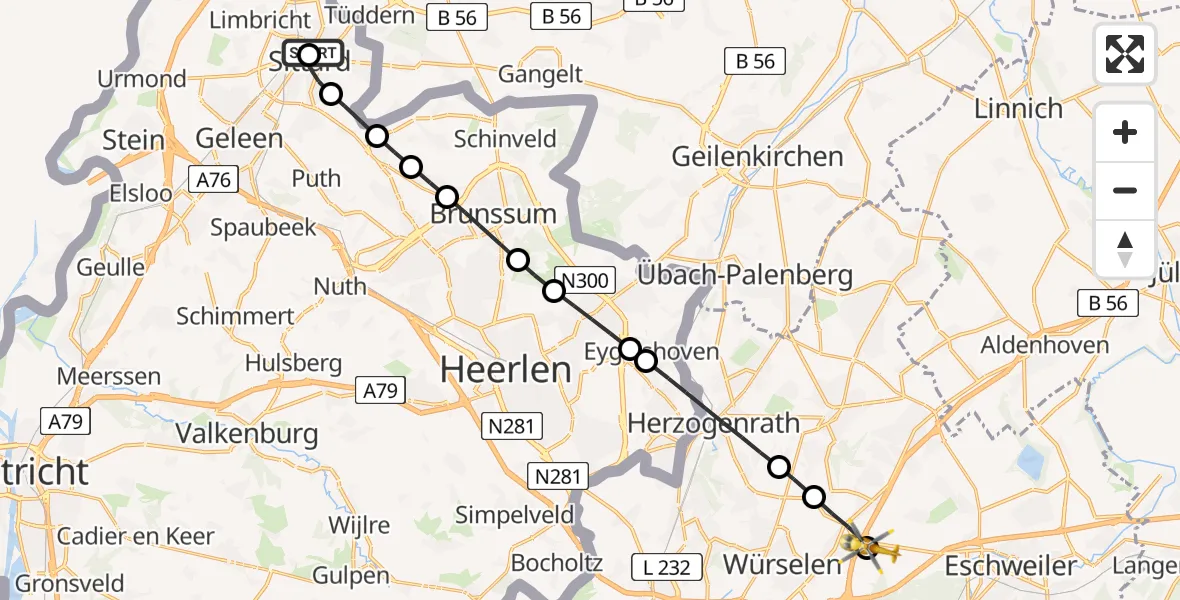 Flugroute Rettungshubschrauber Selfkant - Aachen-Merzbrück Flughafen, 03 August 2026, 10:42