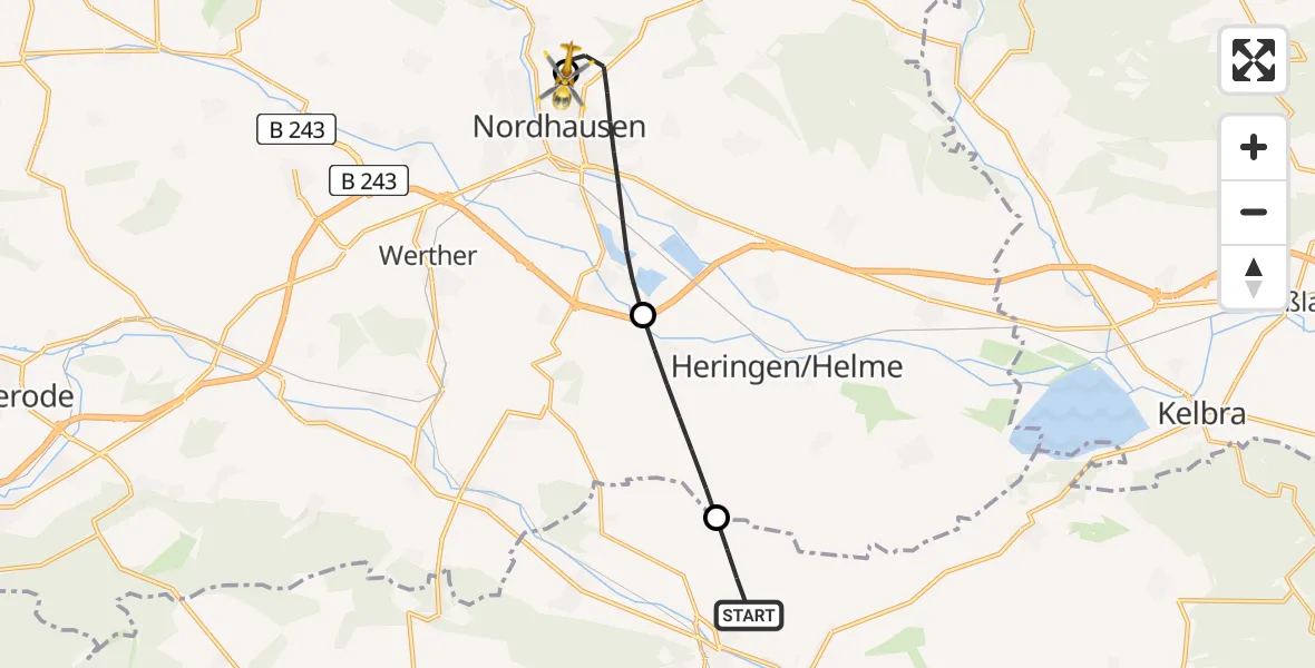 Flugroute Rettungshubschrauber Sondershausen - Südharz Hospital Nordhausen, 03 August 2026, 10:43