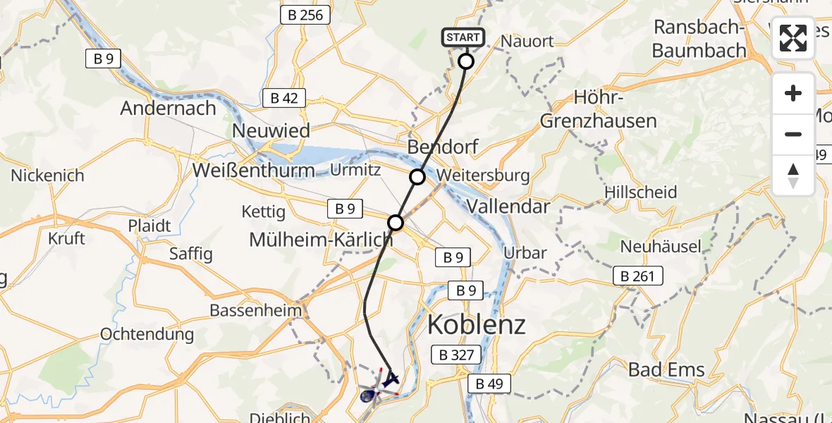 Flugroute Polizeihubschrauber Isenburg - Koblenz-Winningen Flugplatz, 03 August 2026, 10:45