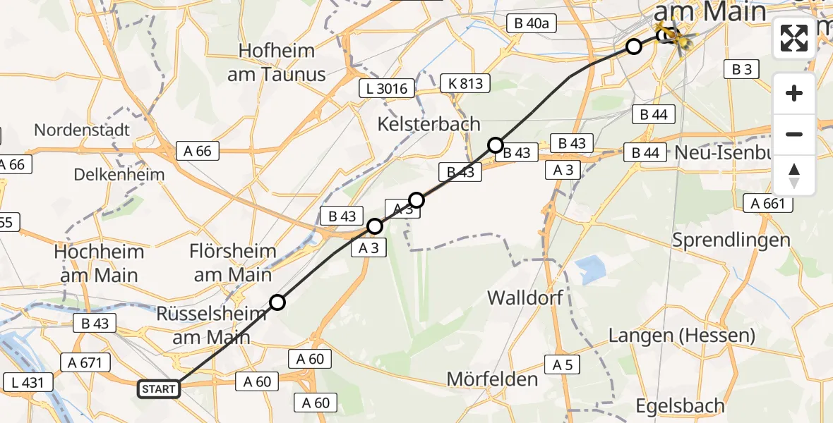 Flugroute Rettungshubschrauber Rüsselsheim am Main - Frankfurt University Hospital, 03 August 2026, 10:47