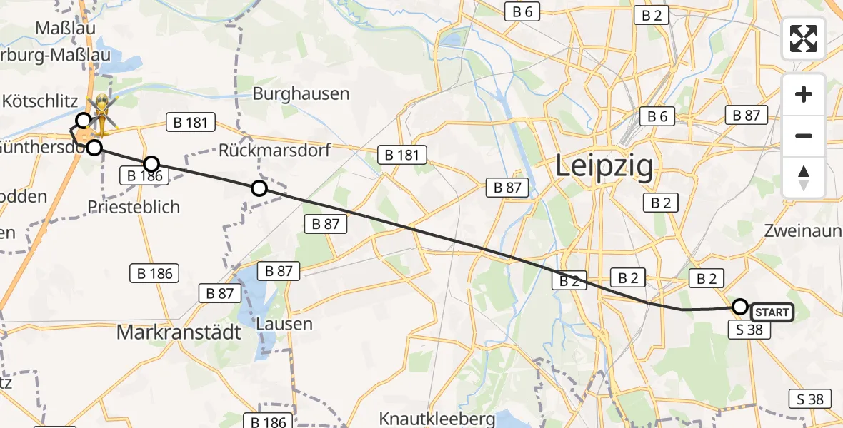Flugroute Rettungshubschrauber Leipzig Heart Center Rooftop Hubschrauberlandeplatz - ADAC Air Rescue Station Leipzig/Schkeuditz-Dölzig Hubschrauberlandeplatz (Christoph 61), 03 August 2026, 10:48