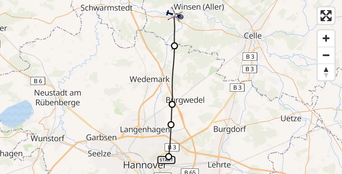 Flugroute Polizeihubschrauber Hannover Luftrettung Hubschrauberlandeplatz (Christoph 4) - Wietze, 03 August 2026, 10:48