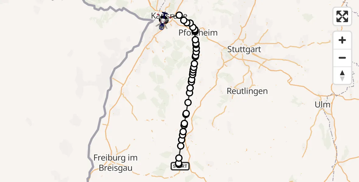 Flugroute Polizeihubschrauber Donaueschingen-Villingen Flugplatz - Rheinstetten, 03 August 2026, 10:49