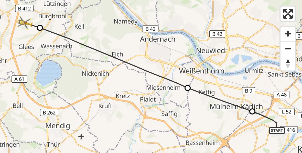 Flugroute Rettungshubschrauber Koblenz - Burgbrohl, 03 August 2026, 10:53