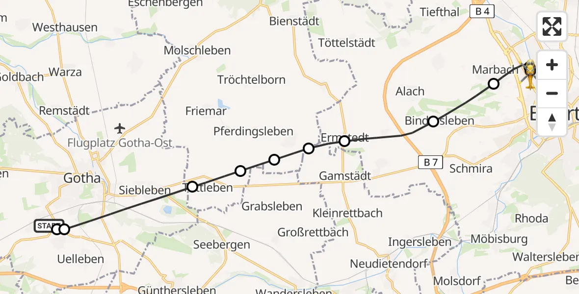 Flugroute Ambulanzhubschrauber Helios Clinic Gotha - Helios Clinic Erfurt, 03 August 2026, 10:56