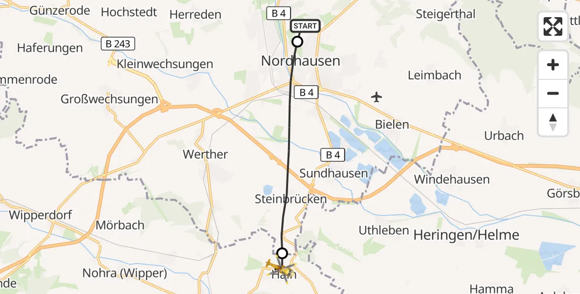 Flugroute Rettungshubschrauber Südharz Hospital Nordhausen - Kleinfurra, 03 August 2026, 10:58
