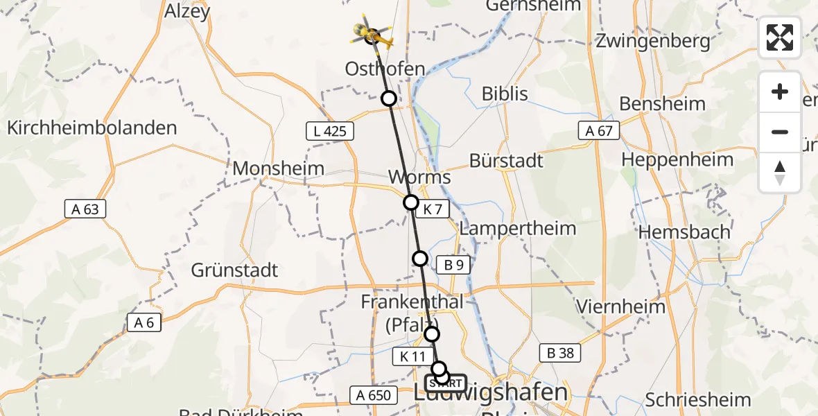 Flugroute Rettungshubschrauber Ludwigshafen Accident Hospital - Bechtheim, 03 August 2026, 10:59