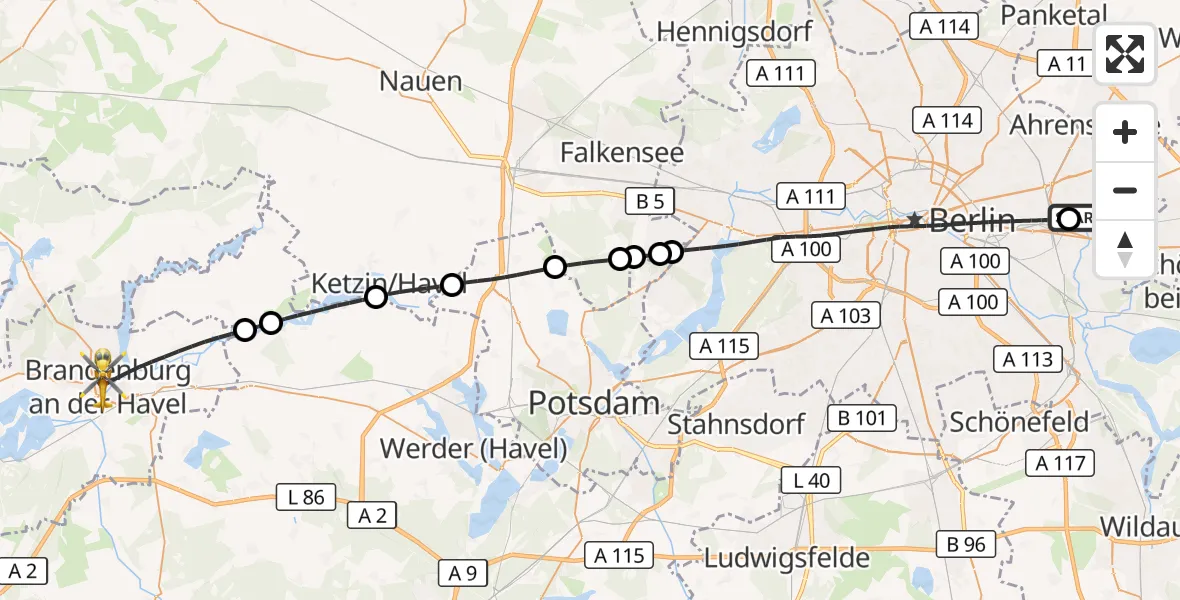 Flugroute Rettungshubschrauber Berlin Emergency Hospital - Brandenburg an der Havel, 03 August 2026, 11:05