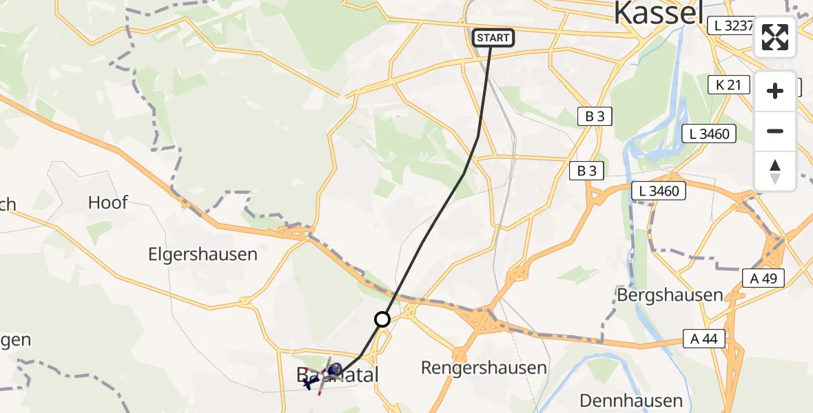 Flugroute Polizeihubschrauber Kassel - Baunatal, 03 August 2026, 11:16