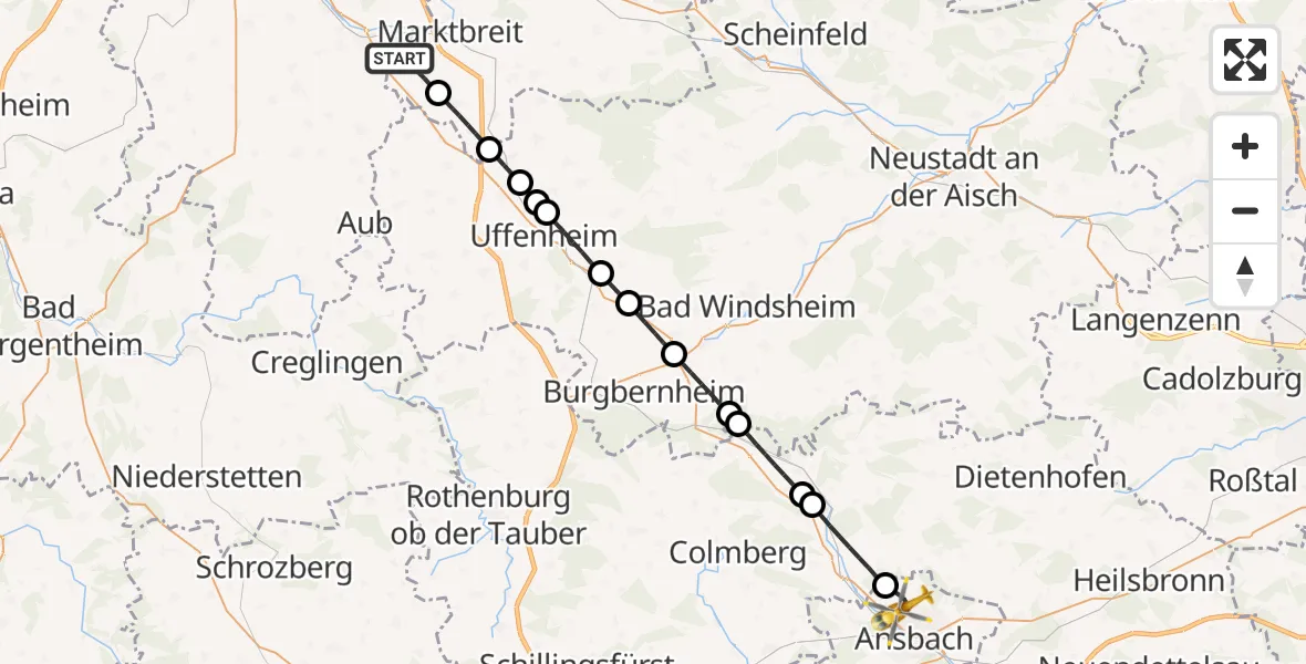 Flugroute Rettungshubschrauber Marktbreit - Ansbach, 03 August 2026, 11:26