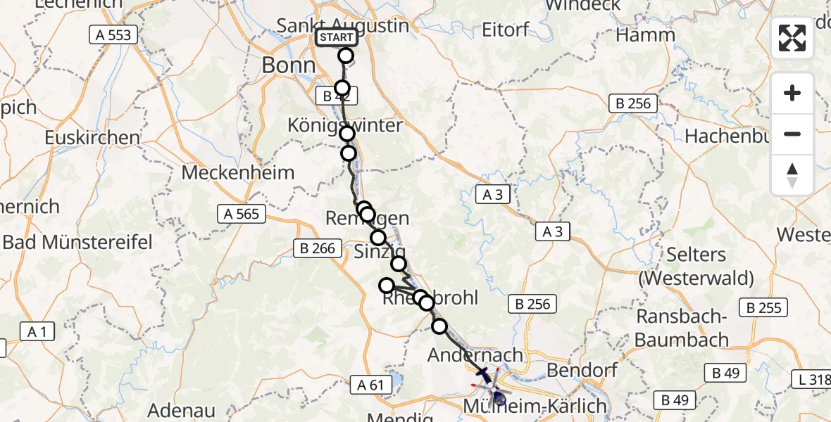 Flugroute Polizeihubschrauber Sankt Augustin - Andernach, 03 August 2026, 11:32