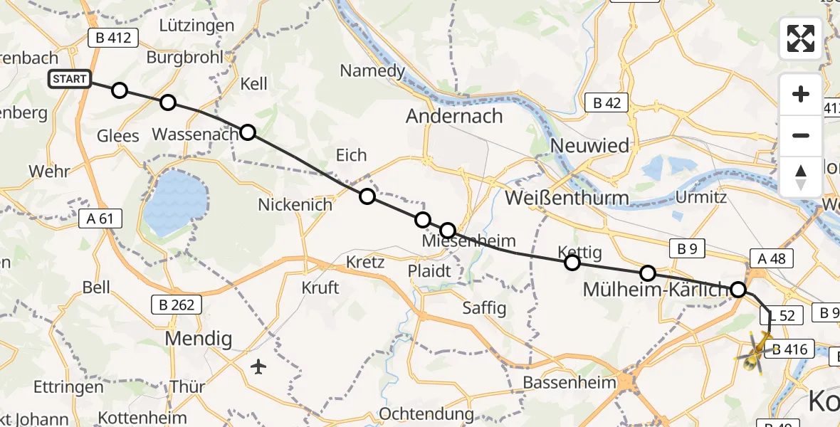 Flugroute Rettungshubschrauber Niederzissen - Koblenz, 03 August 2026, 11:32