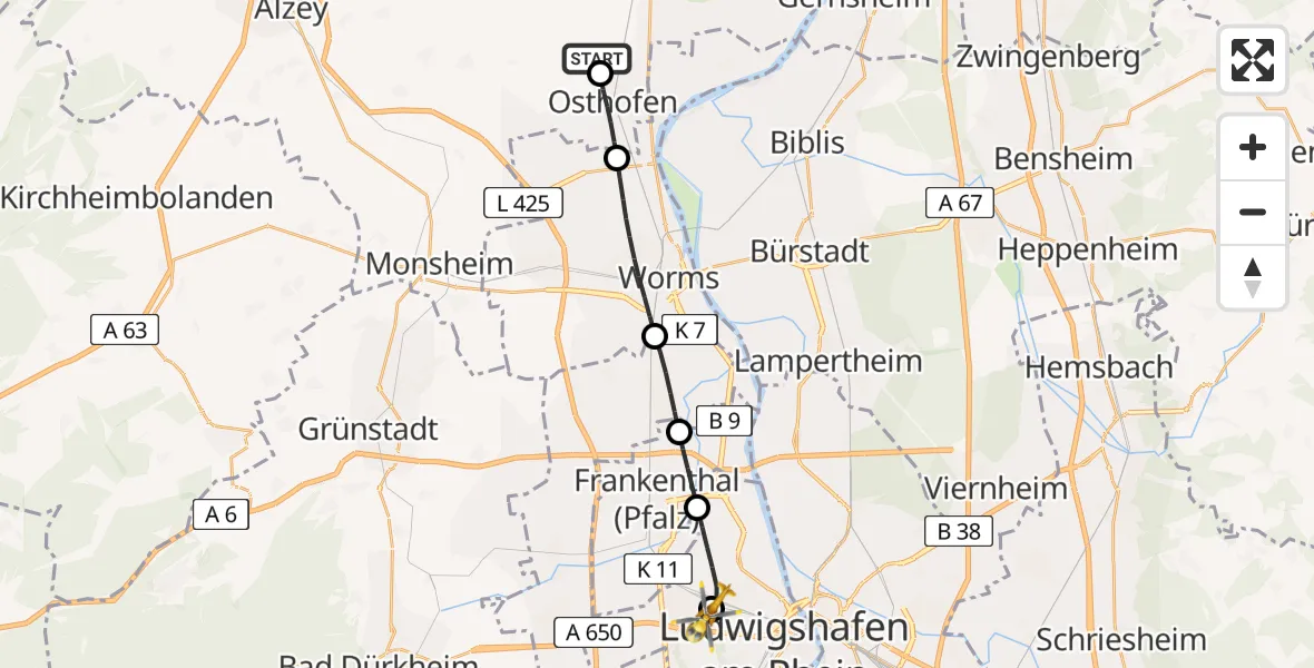 Flugroute Rettungshubschrauber Bechtheim - Ludwigshafen Accident Hospital, 03 August 2026, 11:35