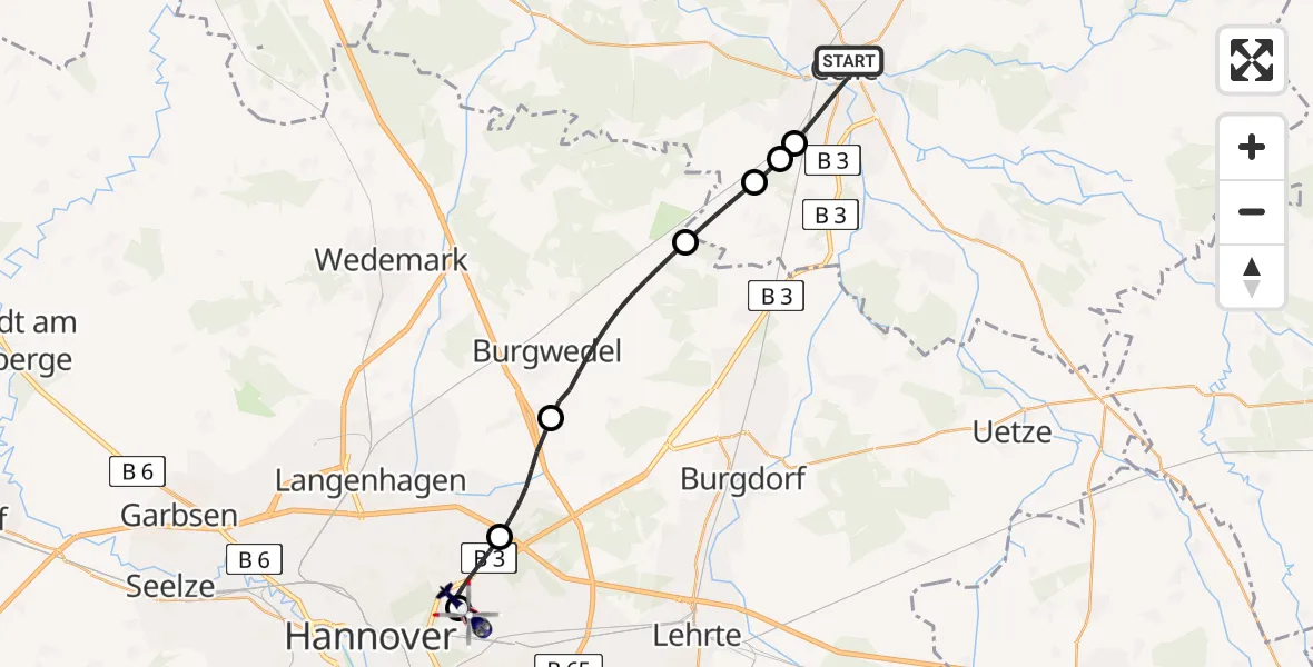 Flugroute Polizeihubschrauber Celle - Hannover Luftrettung Hubschrauberlandeplatz (Christoph 4), 03 August 2026, 11:40