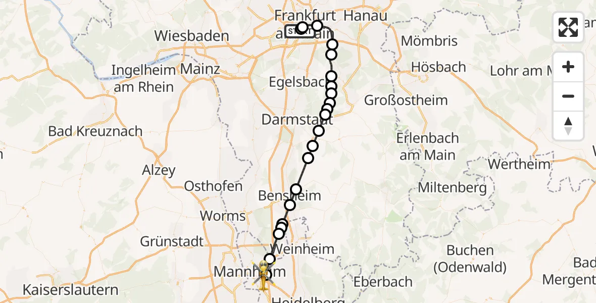 Flugroute Rettungshubschrauber Frankfurt University Hospital - Mannheim-City Flughafen, 03 August 2026, 11:41