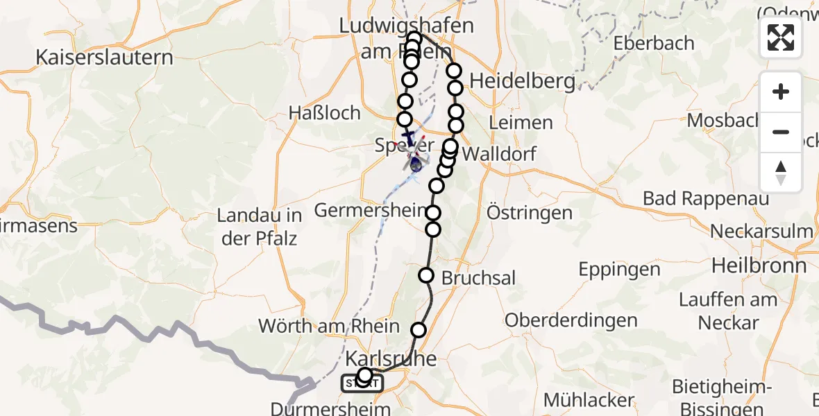 Flugroute Polizeihubschrauber Rheinstetten - Speyer Flugplatz, 03 August 2026, 11:43
