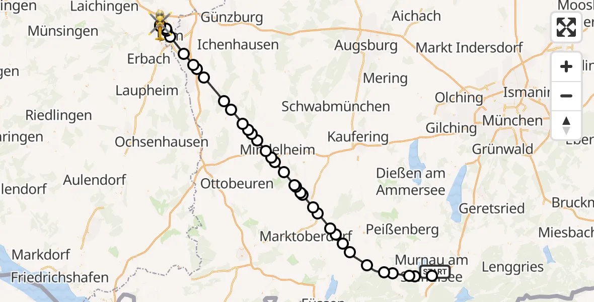 Flugroute Rettungshubschrauber Murnau Accident Hospital - ADAC Air Rescue Station Ulm (Christoph 22), 03 August 2026, 11:48