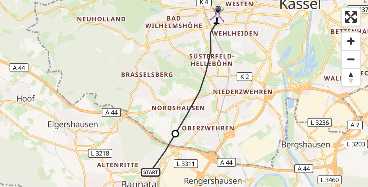 Flugroute Polizeihubschrauber Baunatal - Kassel, 03 August 2026, 11:53