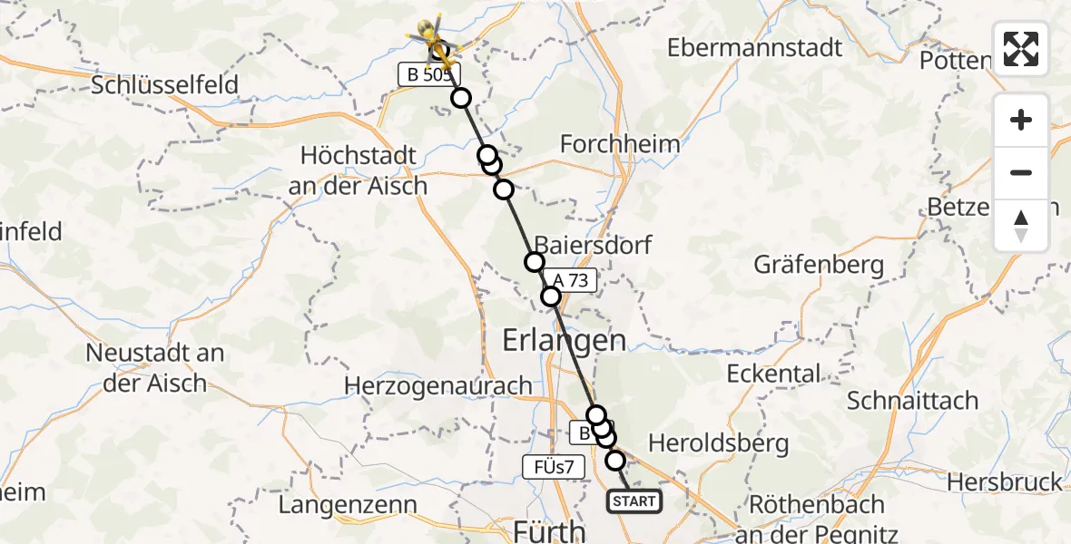 Flugroute Ambulanzhubschrauber Flughafen Nuremberg - Frensdorf, 03 August 2026, 11:59