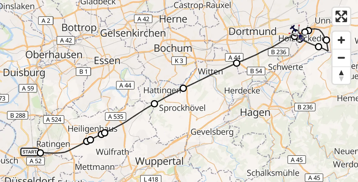 Flugroute Polizeihubschrauber Düsseldorf Flughafen - Dortmund Flughafen, 03 August 2026, 12:00
