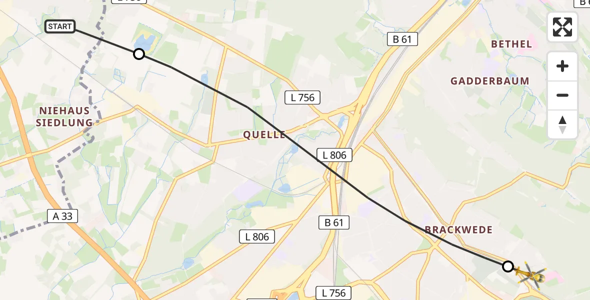 Flugroute Rettungshubschrauber Steinhagen - Luftrettungszentrum Bielefeld, 03 August 2026, 12:00