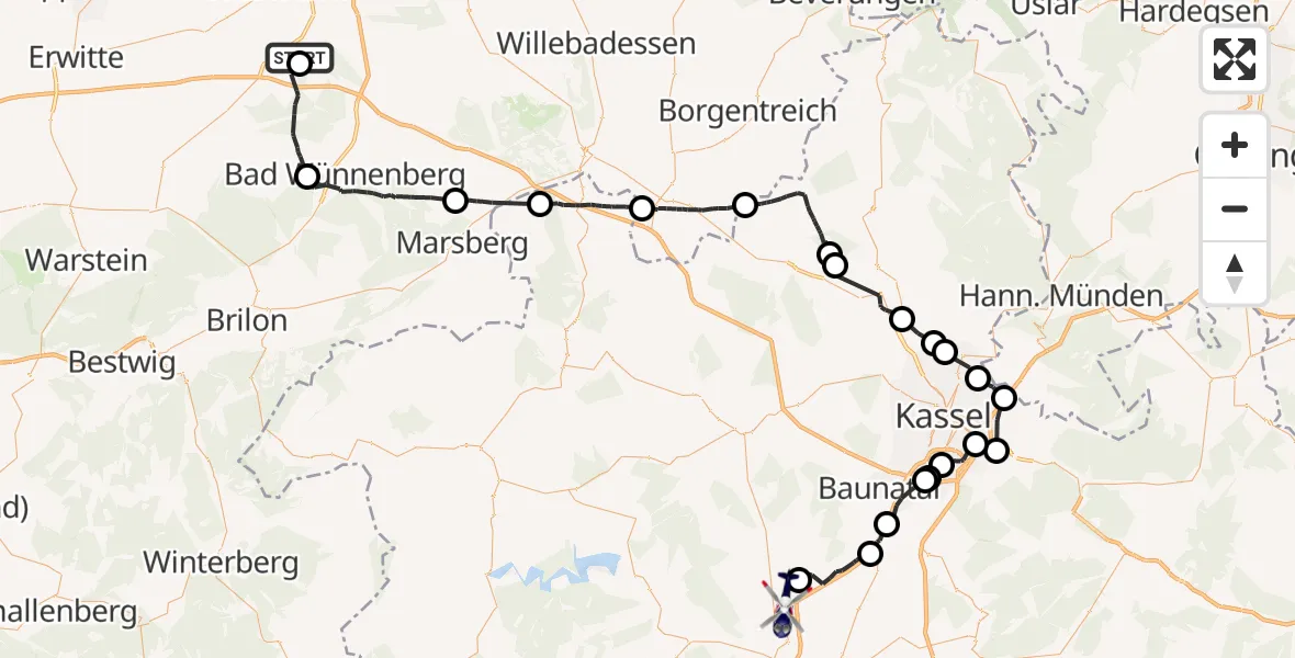 Flugroute Polizeihubschrauber Paderborn Lippstadt Flughafen - Fritzlar, 03 August 2026, 12:09