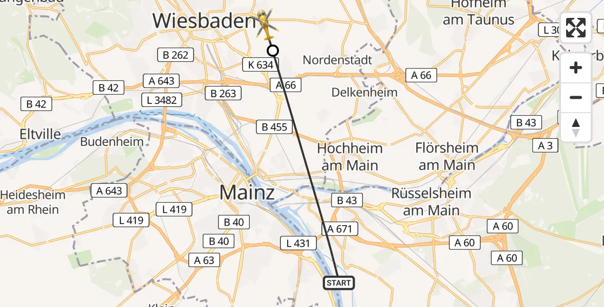 Flugroute Rettungshubschrauber Ginsheim-Gustavsburg - Wiesbaden, 03 August 2026, 12:16