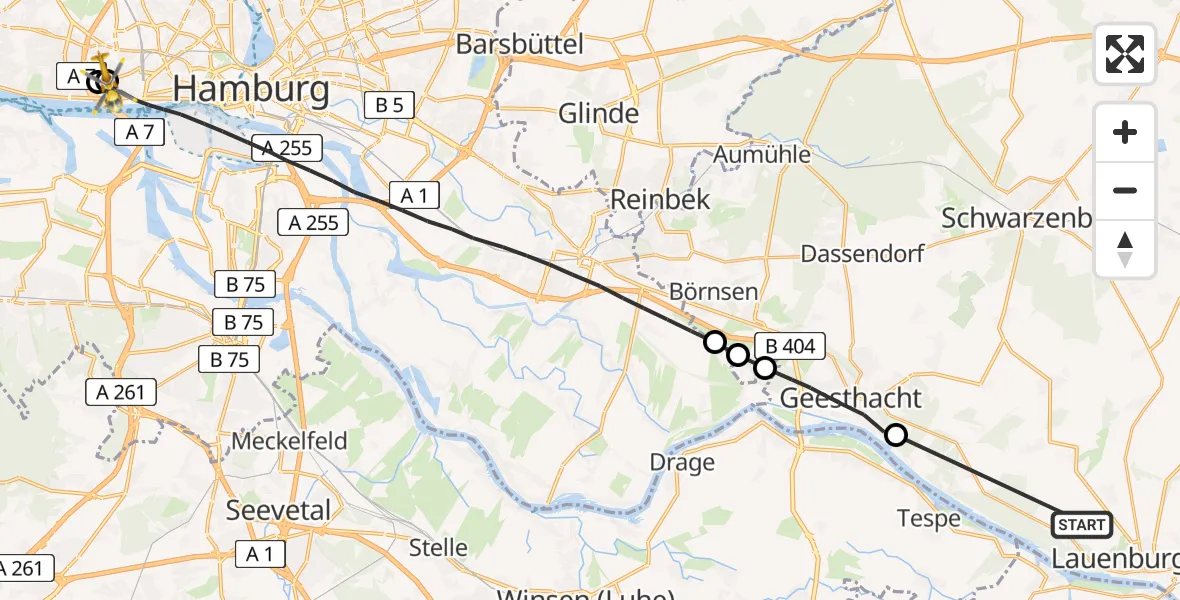 Flugroute Rettungshubschrauber Schnakenbek - Hamburg, 03 August 2026, 12:21