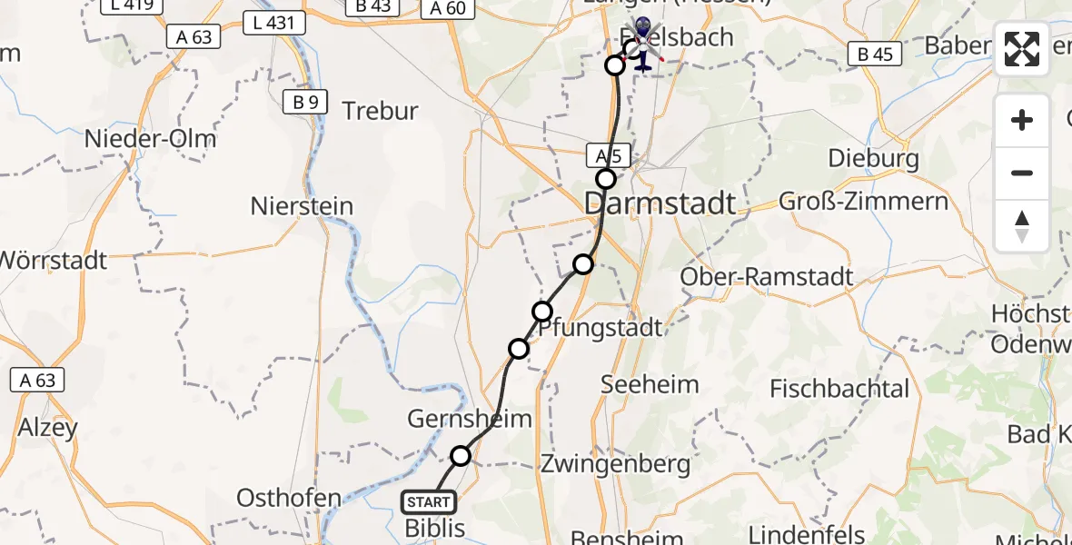Flugroute Polizeihubschrauber Groß-Rohrheim - Flughafen Frankfurt-Egelsbach, 03 August 2026, 12:22