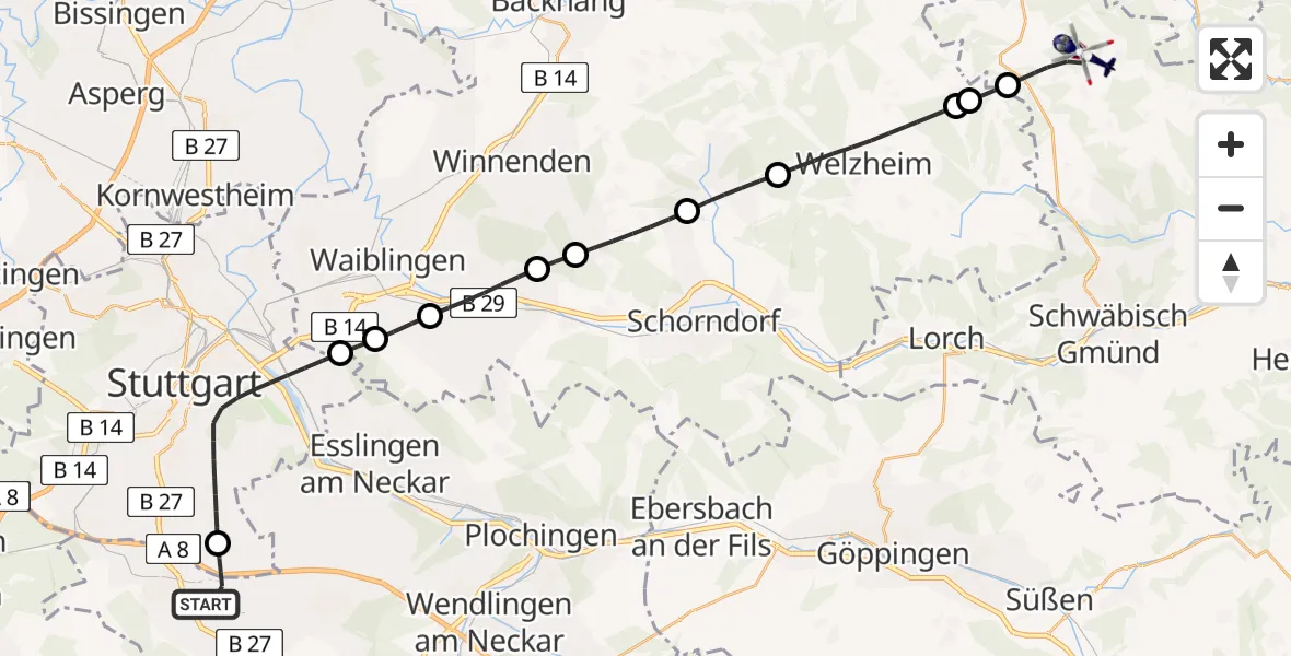 Flugroute Polizeihubschrauber Flughafen Stuttgart - Gschwend, 03 August 2026, 12:27