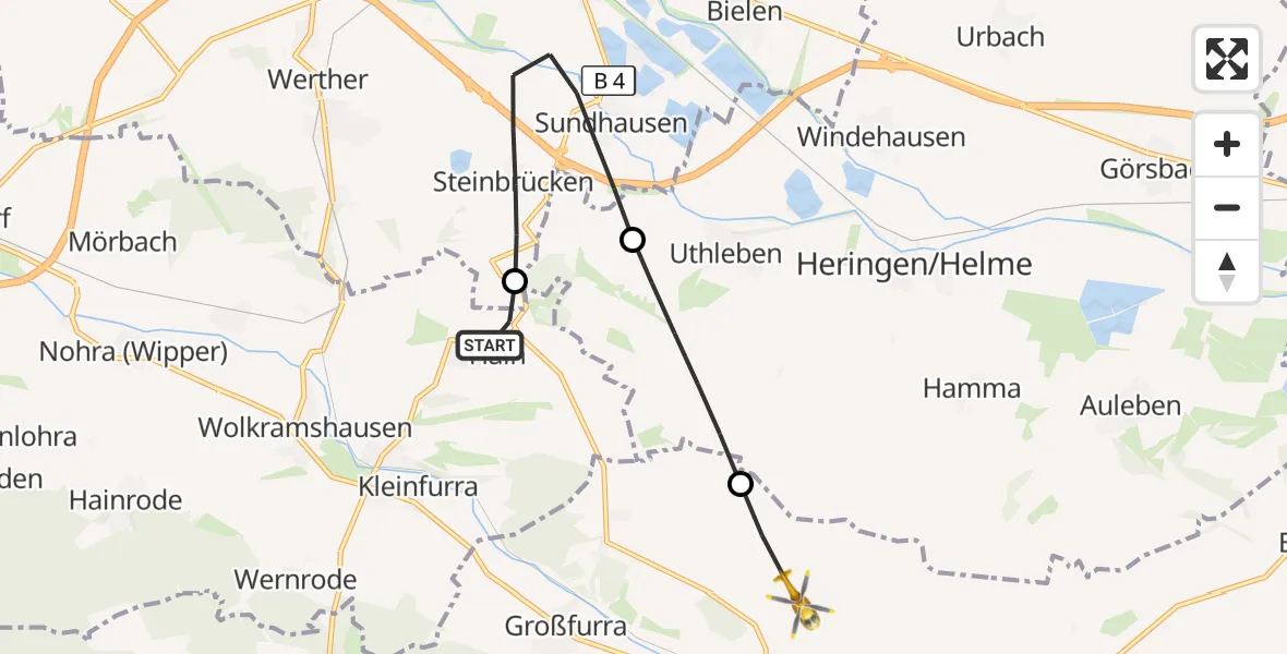 Flugroute Rettungshubschrauber Kleinfurra - Sondershausen, 03 August 2026, 12:35