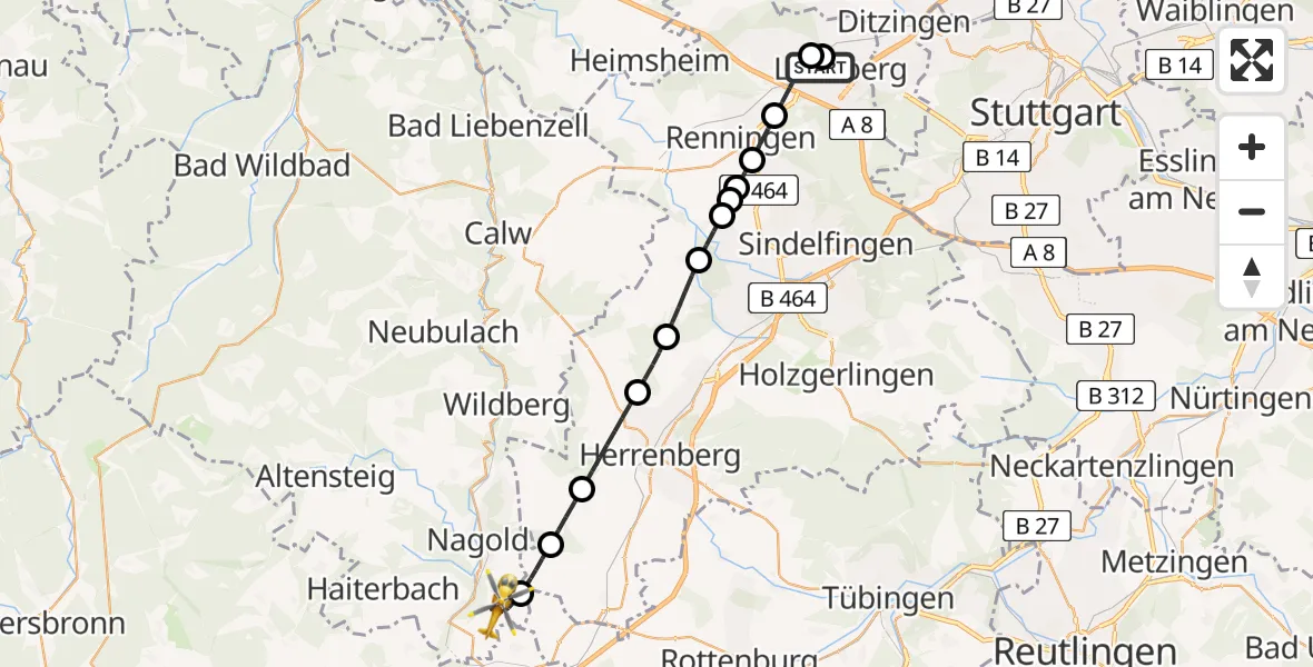 Flugroute Rettungshubschrauber Leonberg Hospital - Nagold, 03 August 2026, 12:44