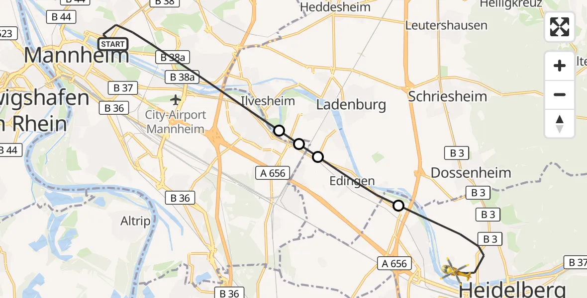 Flugroute Ambulanzhubschrauber Mannheim - Heidelberg, 03 August 2026, 12:52
