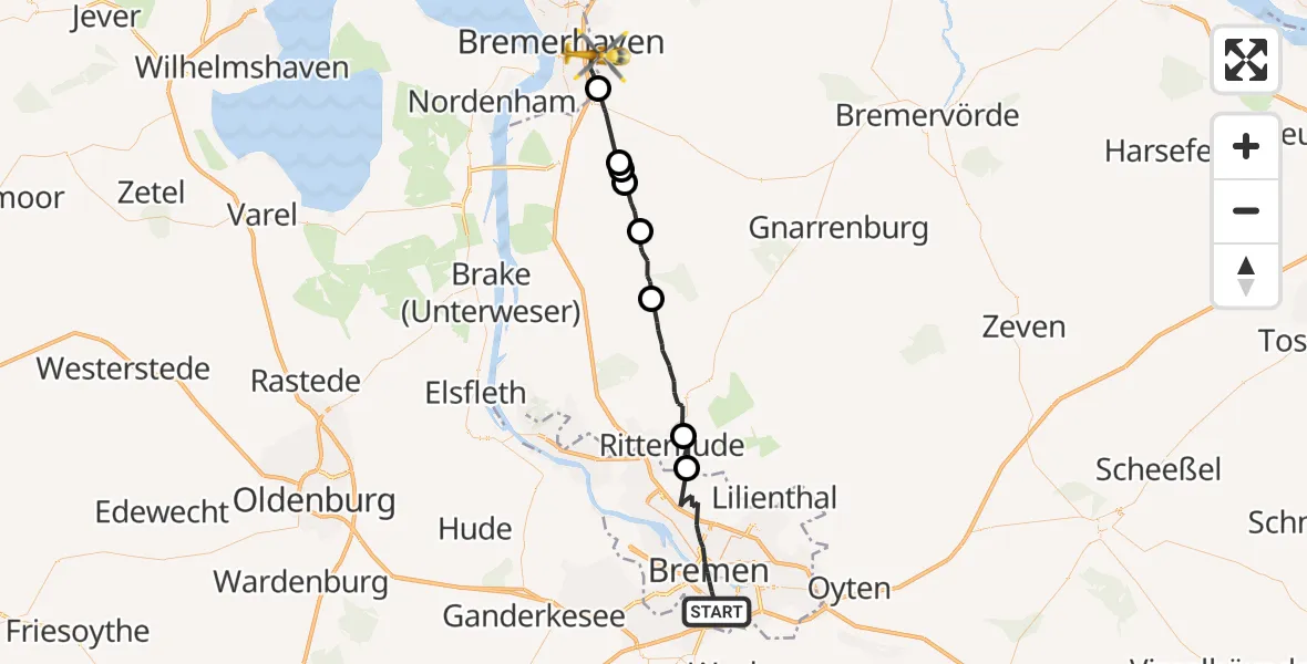 Flugroute Rettungshubschrauber Bremen - Bremerhaven, 03 August 2026, 13:00