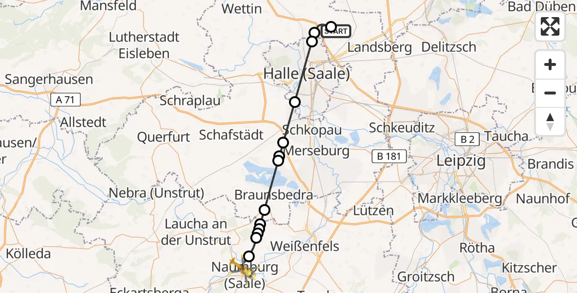 Flugroute Rettungshubschrauber Halle-Oppin Flugplatz - Naumburg (Saale), 03 August 2026, 13:02