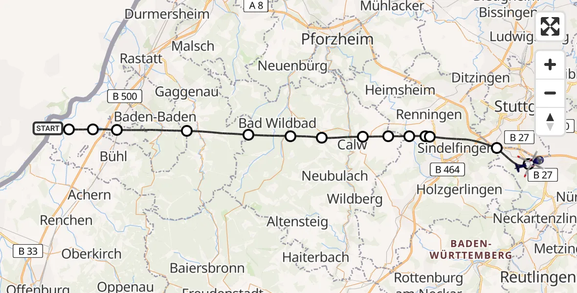Flugroute Polizeihubschrauber Lichtenau - Flughafen Stuttgart, 03 August 2026, 13:07