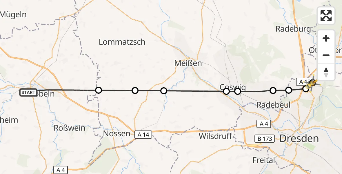 Flugroute Rettungshubschrauber Döbeln - Dresden Bundespolizei Hubschrauberlandeplatz, 03 August 2026, 13:07