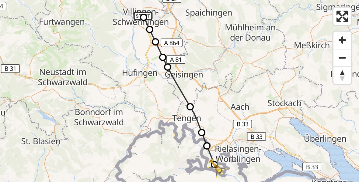 Flugroute Ambulanzhubschrauber DRF Air Rescue Station Villingen-Schwenningen Hubschrauberlandeplatz (Christoph 11) - Gailingen am Hochrhein, 03 August 2026, 13:11
