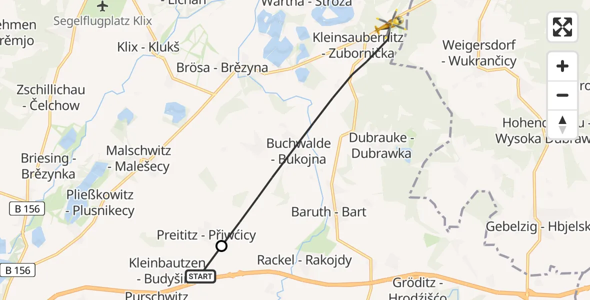 Flugroute Rettungshubschrauber Kubschütz - Malschwitz, 03 August 2026, 13:17