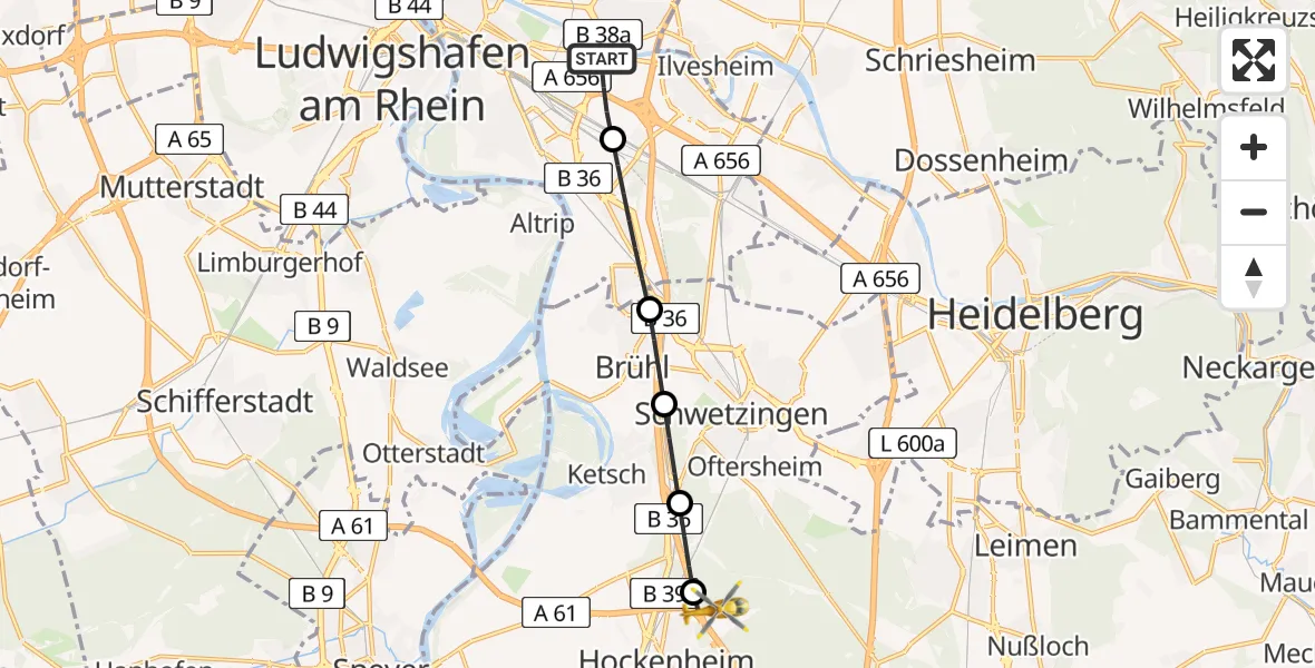 Flugroute Rettungshubschrauber Mannheim-City Flughafen - Hockenheim, 03 August 2026, 13:23