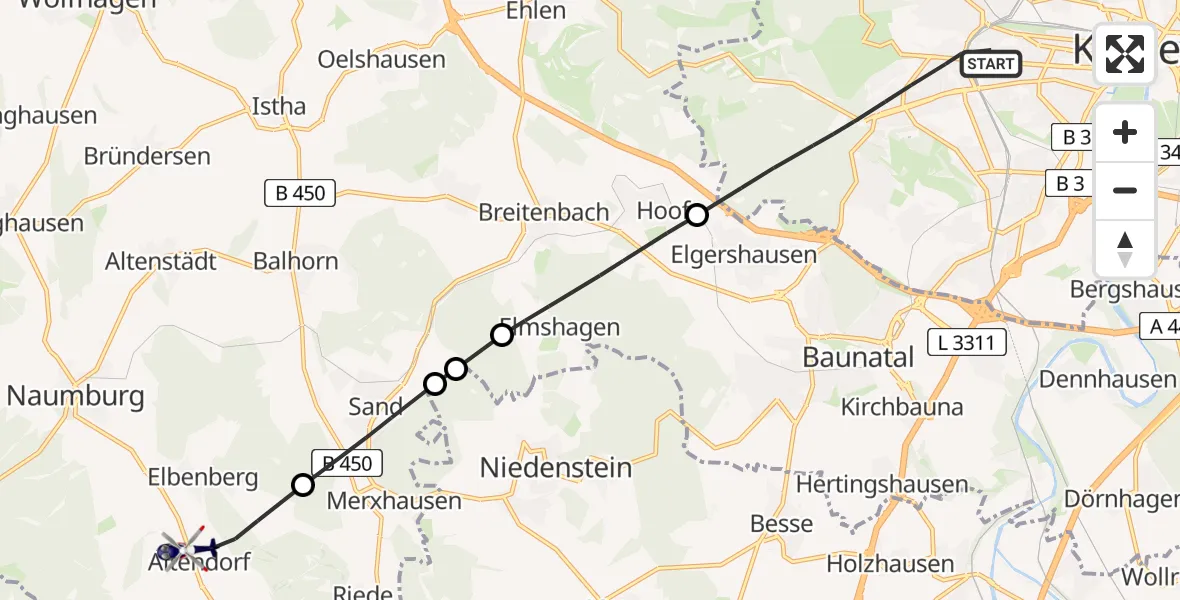 Flugroute Polizeihubschrauber Kassel - Naumburg, 03 August 2026, 13:28