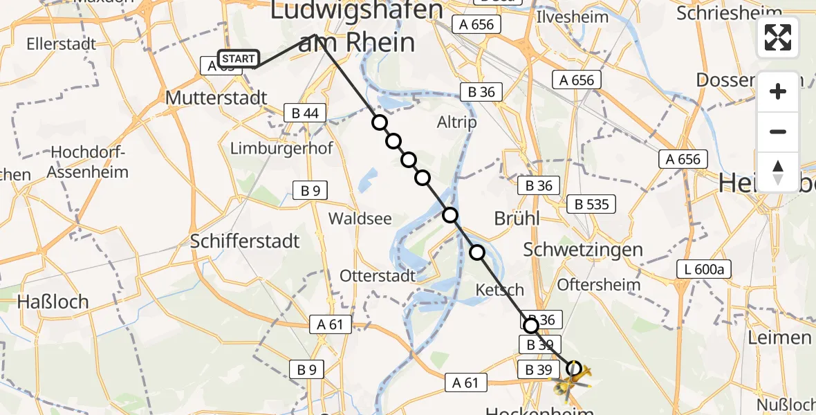 Flugroute Rettungshubschrauber Ludwigshafen am Rhein - Hockenheim, 03 August 2026, 13:29