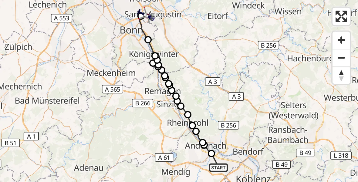 Flugroute Polizeihubschrauber Kettig - Bonn-Hangelar Flugplatz, 03 August 2026, 13:30
