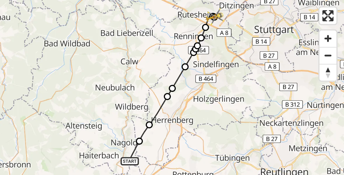 Flugroute Rettungshubschrauber Nagold - Leonberg Hospital, 03 August 2026, 13:31