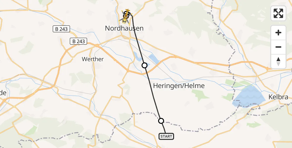 Flugroute Rettungshubschrauber Sondershausen - Südharz Hospital Nordhausen, 03 August 2026, 13:32