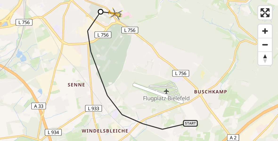 Flugroute Rettungshubschrauber Bielefeld - Luftrettungszentrum Bielefeld, 03 August 2026, 13:33