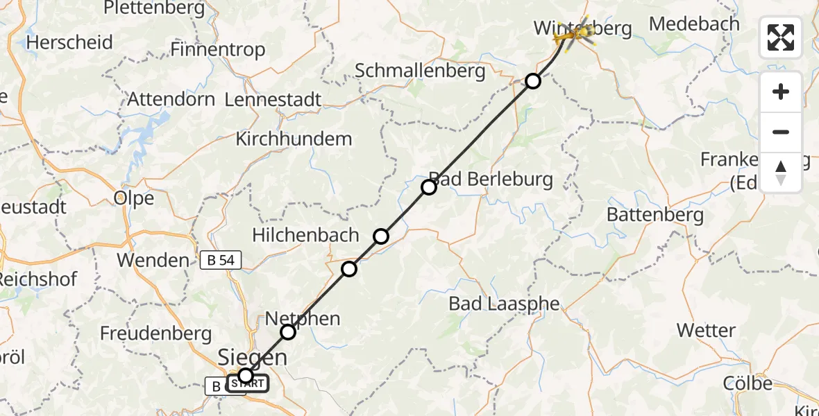 Flugroute Rettungshubschrauber Evangelisches Jung-Stilling Hospital - Winterberg, 03 August 2026, 13:43