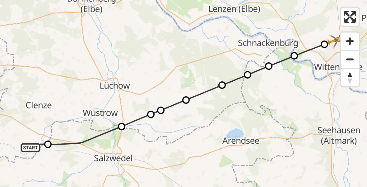 Flugroute Rettungshubschrauber Bergen an der Dumme - Wittenberge, 03 August 2026, 13:45
