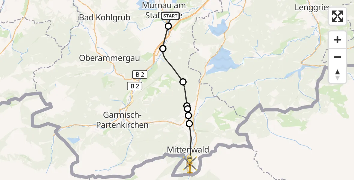 Flugroute Rettungshubschrauber Murnau Accident Hospital - Mittenwald, 03 August 2026, 13:50